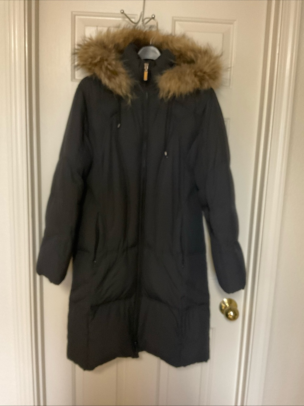 St. John's Bay Black Long Puffer Coat with Faux Fur Hood Trim
